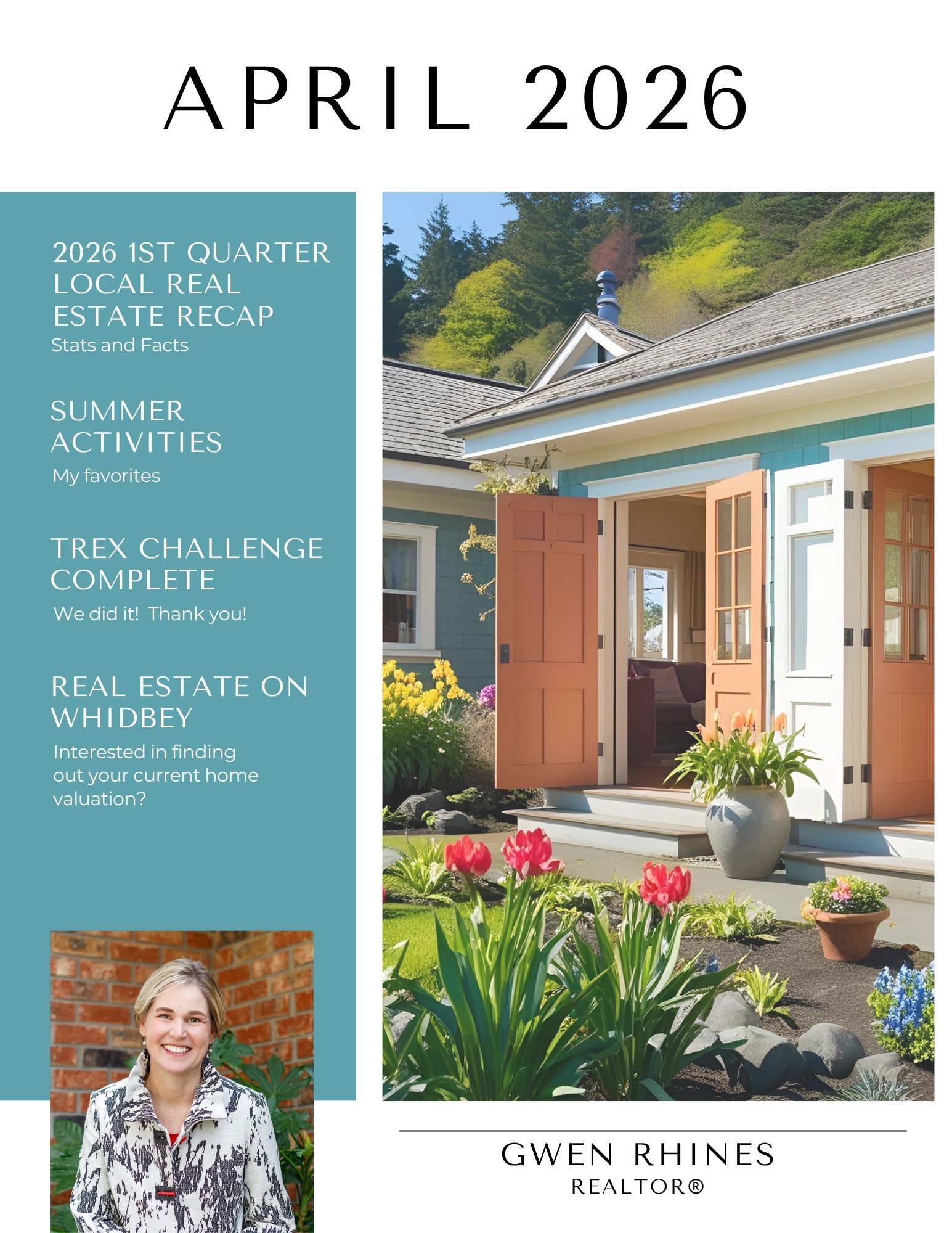 Illustration of a bright Whidbey Island-style home with spring landscaping and open front entry, Oak Harbor, Washington